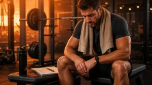 Man sitting on a gym bench showing overtraining symptoms after a hard workout