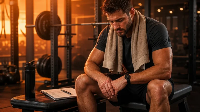Overtraining Symptoms in Men | Warning Signs and Recovery Reset 3 Man sitting on a gym bench showing overtraining symptoms after a hard workout