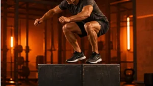 Athlete landing softly from a box jump during plyometric training