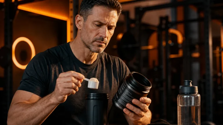 Pre-Workout Supplements for Men | Safety, Timing and What to Skip 3 Man reviewing pre-workout supplement label beside shaker bottle in a gym