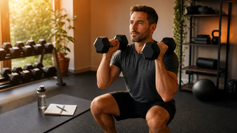 Man starting beginner fitness training with dumbbells in a warm gym setting