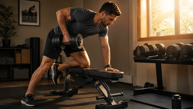 Man doing a dumbbell-only home workout in a compact training space