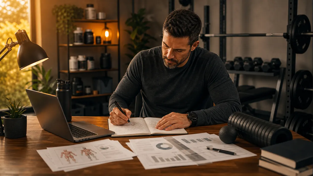 PrimeForMen editorial team reviewing fitness research beside strength training equipment