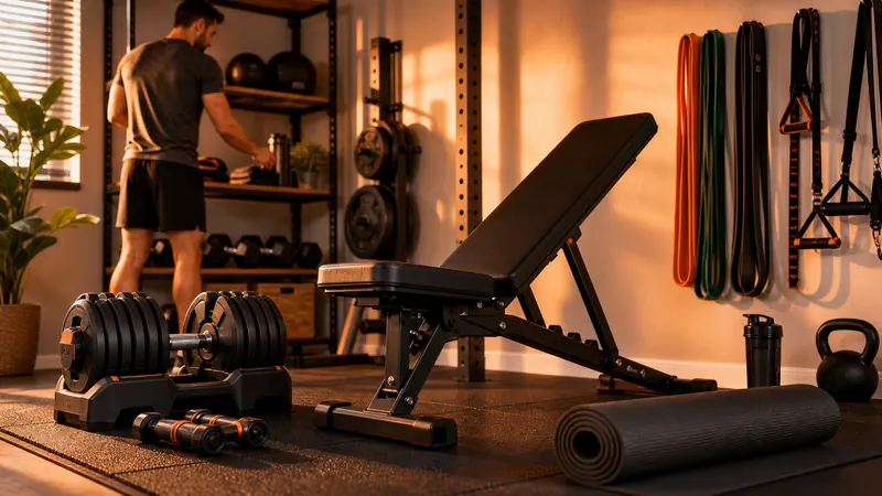 Compact home gym equipment setup with adjustable bench dumbbells bands and mat