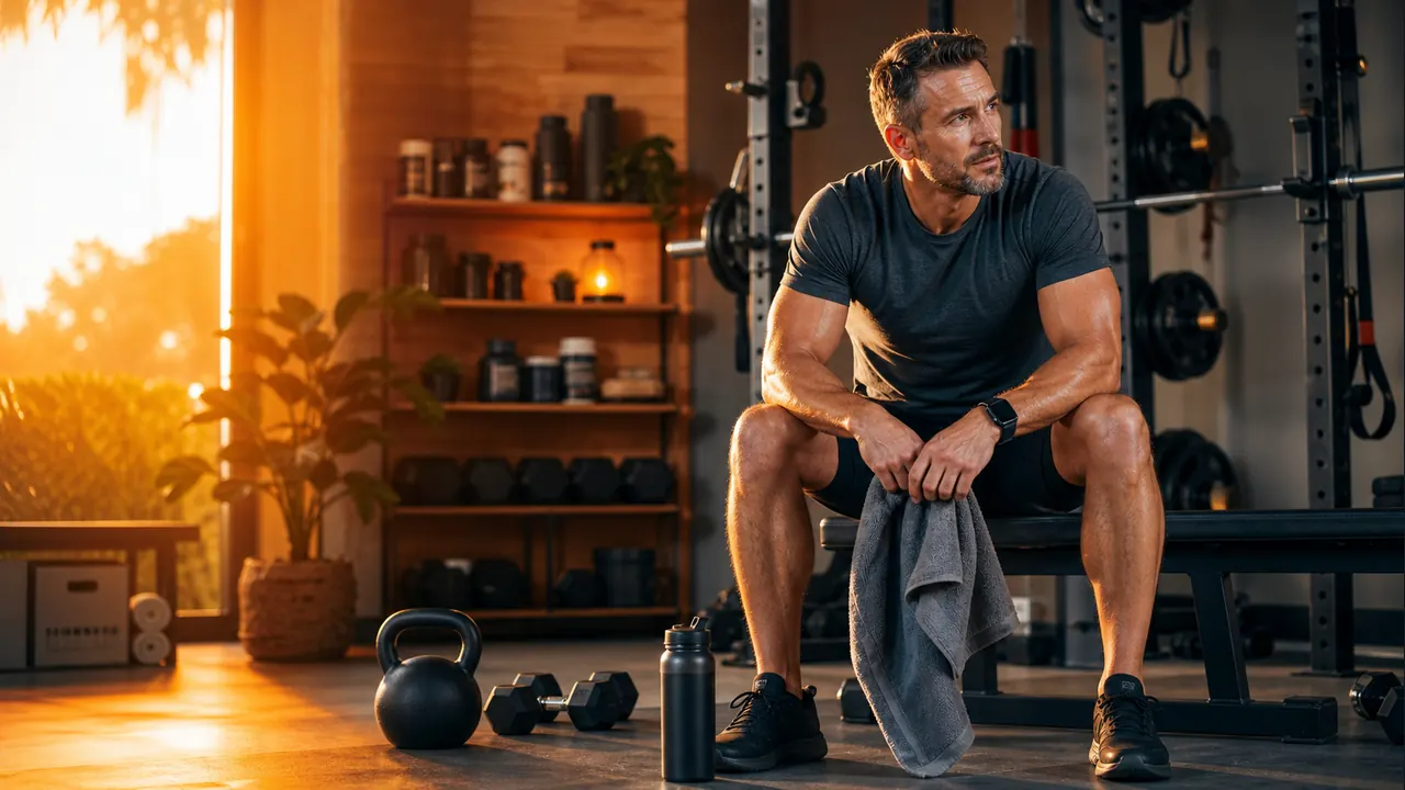PrimeForMen editorial fitness hub with warm gym and home training setup