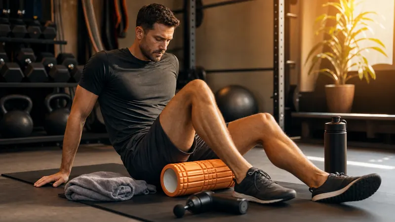 Man using recovery tools after strength training in a warm gym recovery area