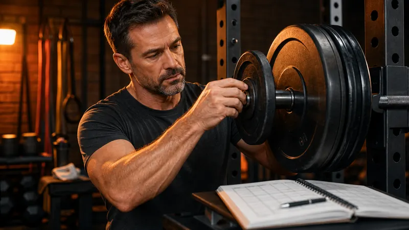 Man adding weight to a barbell for progressive overload strength training
