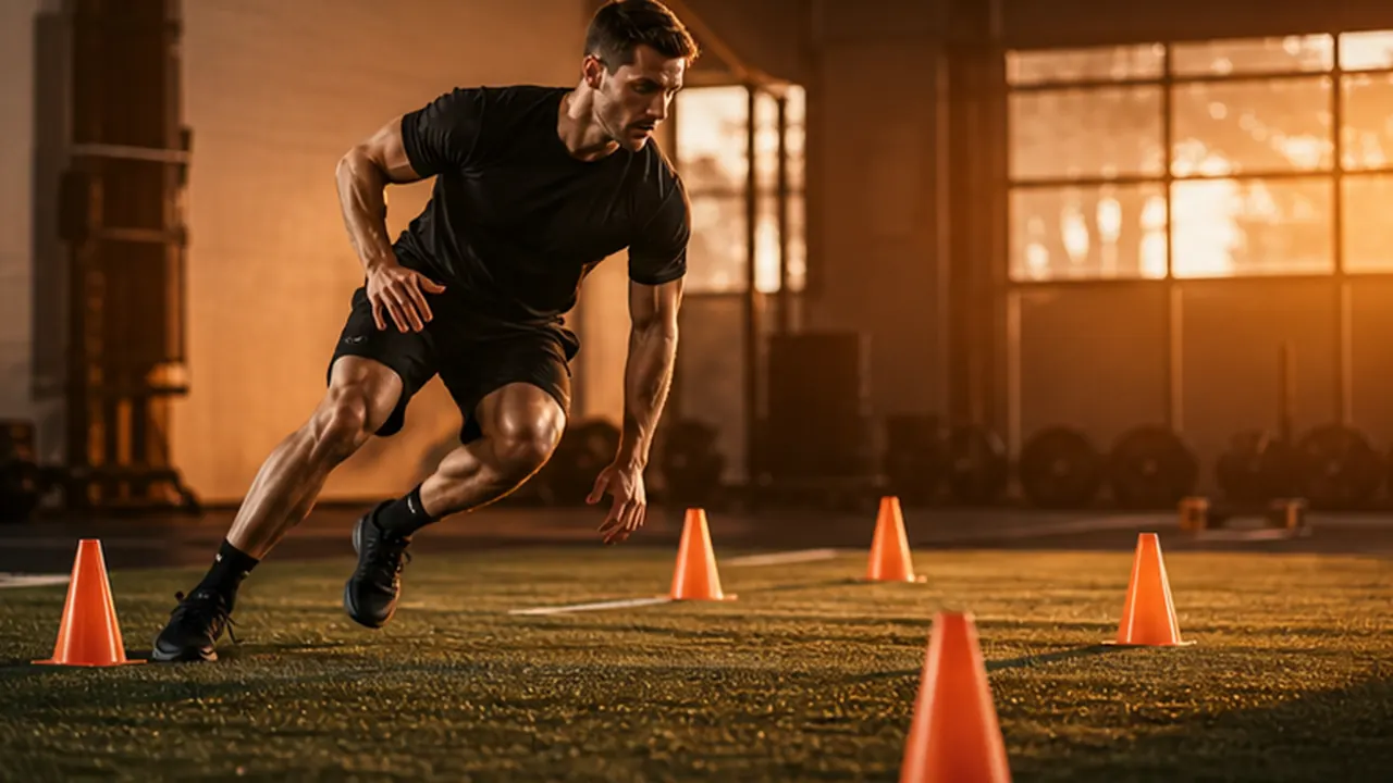 Athlete doing agility and speed training with cones