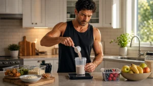 Fit man preparing protein shake with meal prep and fruit for CalmLean review