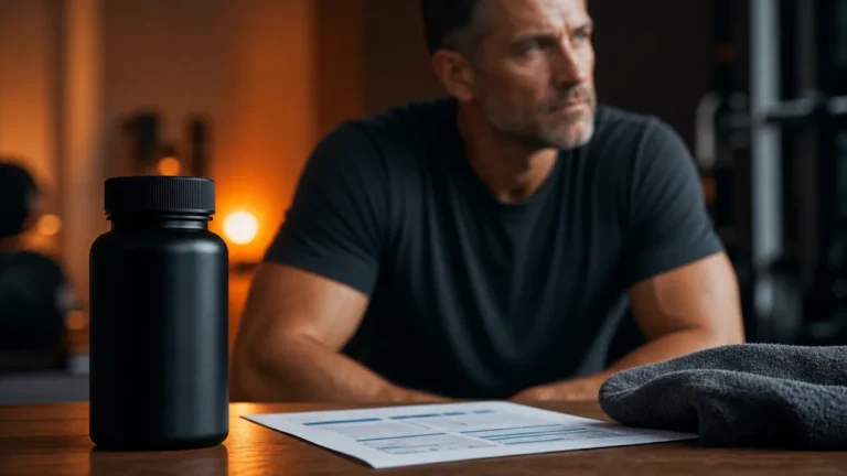 PrimeGENIX Testodren Review | Evidence, Safety, and Expectations 3 Testosterone supplement review scene with lab report and warm-orange gym lighting