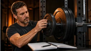 Midlife lifter adding small plates to a barbell with a training log nearby
