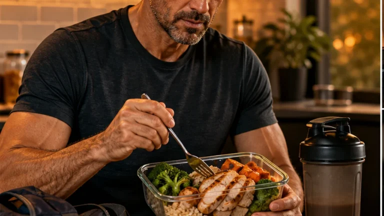 Protein Timing for Muscle Gain After 40 | What Actually Matters 3 Man over 40 eating a high-protein meal beside a shaker and training log