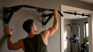 Man checking a wall-mounted pull-up bar in a home gym