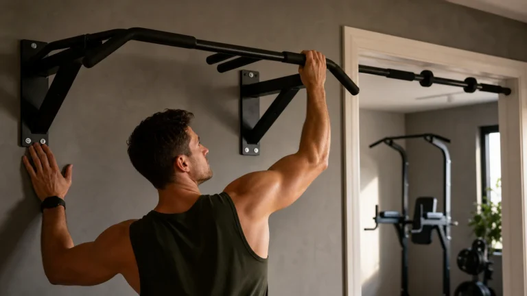 Best Pull-Up Bars for Home Workouts | Buyer Guide 4 Man checking a wall-mounted pull-up bar in a home gym