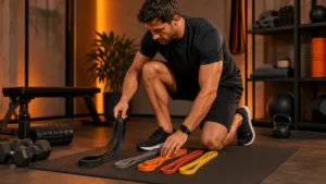 Resistance bands arranged in a compact warm-orange home gym for men