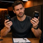 Man comparing testosterone support supplement bottles beside a blank checklist in a gym locker room