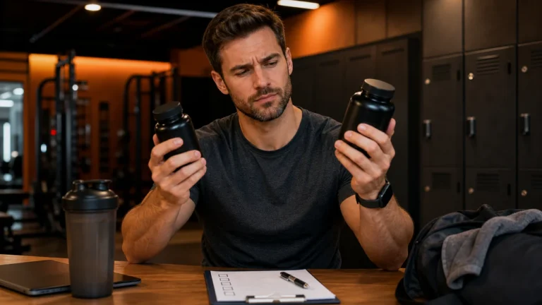 Man comparing testosterone support supplement bottles beside a blank checklist in a gym locker room