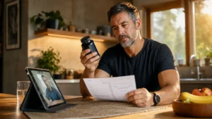 Man comparing testosterone supplement bottle with lab report before use