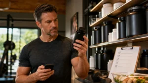 Man comparing unbranded testosterone support supplements with a checklist in a gym setting