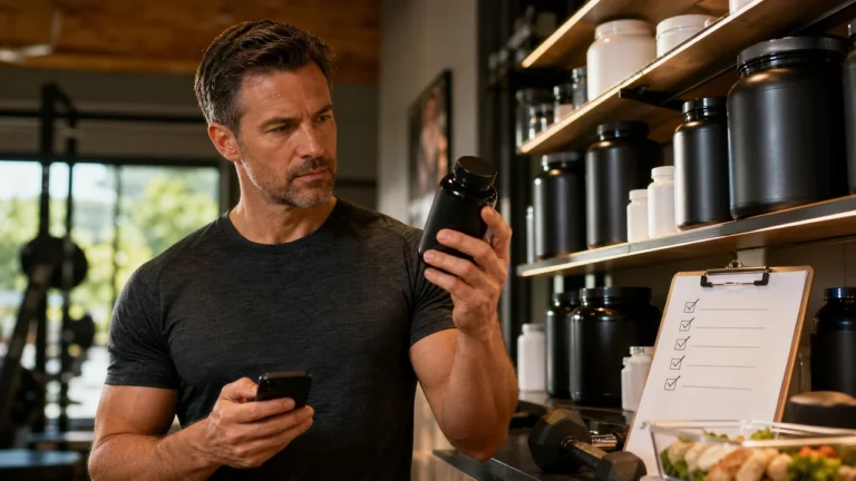 Man comparing unbranded testosterone support supplements with a checklist in a gym setting