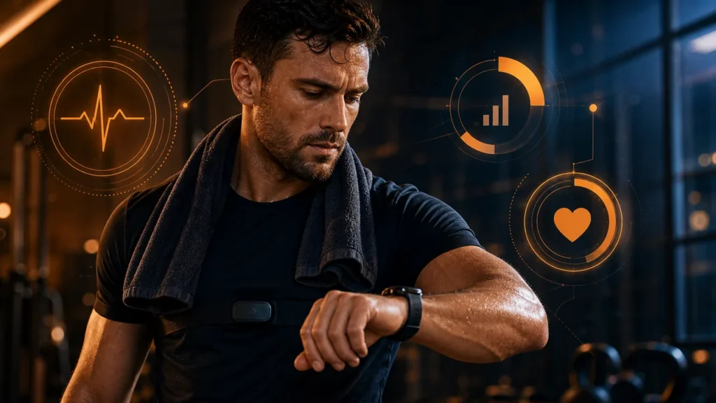 Man checking smartwatch and heart rate data after a warm-orange workout