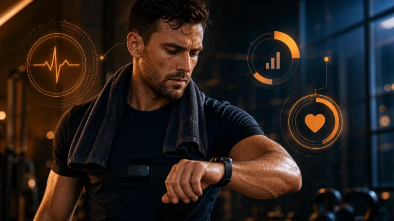 Wearable Fitness Tech for Men | Metrics That Actually Matter 1 Man checking smartwatch and heart rate data after a warm-orange workout