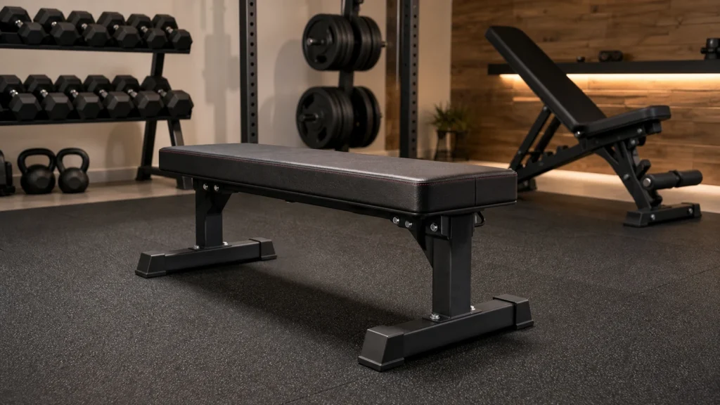 Single heavy-duty weight bench in a clean home gym with dumbbells