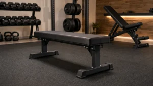 Single heavy-duty weight bench in a clean home gym with dumbbells