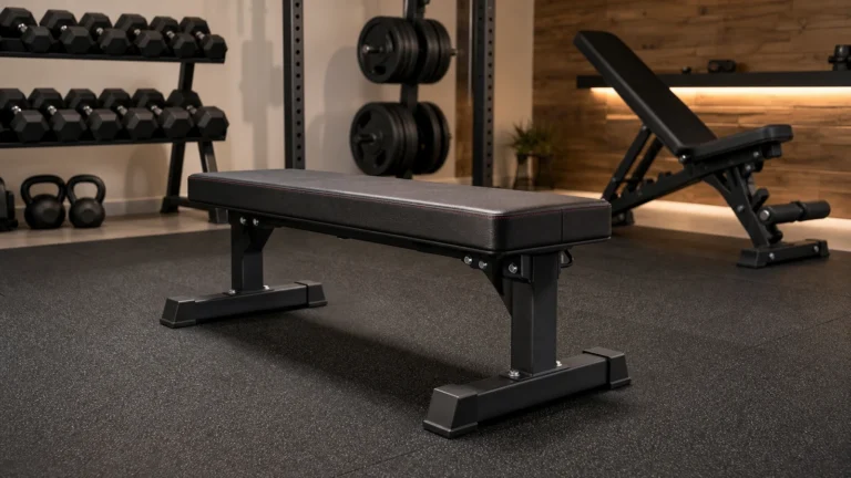 Best Weight Benches for Home Gyms | Flat, Adjustable, Foldable 1 Single heavy-duty weight bench in a clean home gym with dumbbells