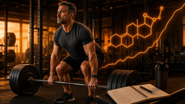 Does Weight Lifting Increase Testosterone? Acute vs. Long-Term Effects 2 Man deadlifting in a warm-orange gym with testosterone response graphic