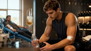 Athletic man recovering with water and shaker after plasma donation before training