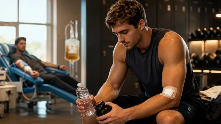 Will Donating Plasma Affect Muscle Growth? What Lifters Should Know 2 Athletic man recovering with water and shaker after plasma donation before training