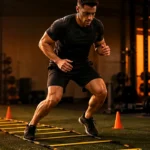 Man over 40 performing controlled agility ladder drills in a warm-orange training gym