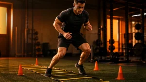 Man over 40 performing controlled agility ladder drills in a warm-orange training gym