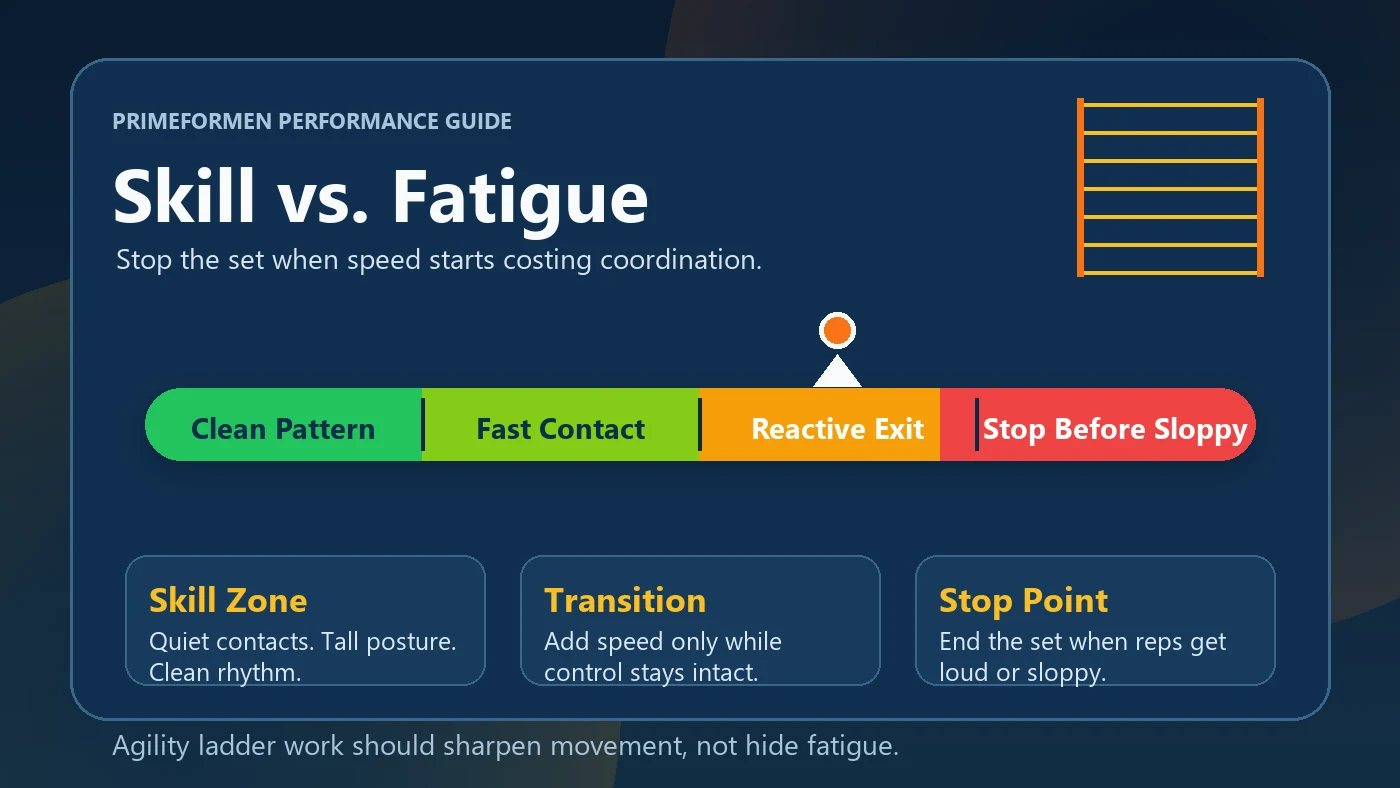 Agility ladder skill vs fatigue infographic showing when to stop before sloppy reps