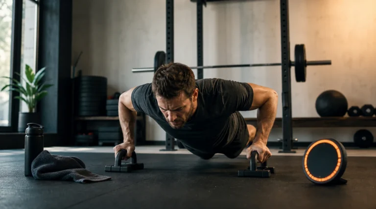 1000 Pushups a Day | Benefits, Risks, and a Safer Plan 5 Man doing strict pushups with handles in a modern home gym during a high-rep challenge