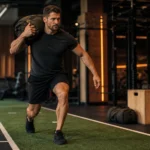 Man doing functional fitness training with a loaded sandbag on a turf lane in a modern gym