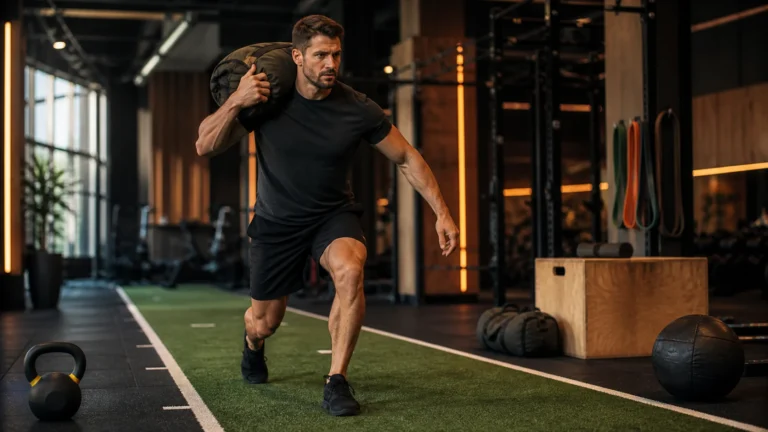 Man doing functional fitness training with a loaded sandbag on a turf lane in a modern gym