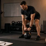 Man setting up a kettlebell complex workout with a timer and training log in a modern gym