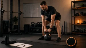 Man setting up a kettlebell complex workout with a timer and training log in a modern gym
