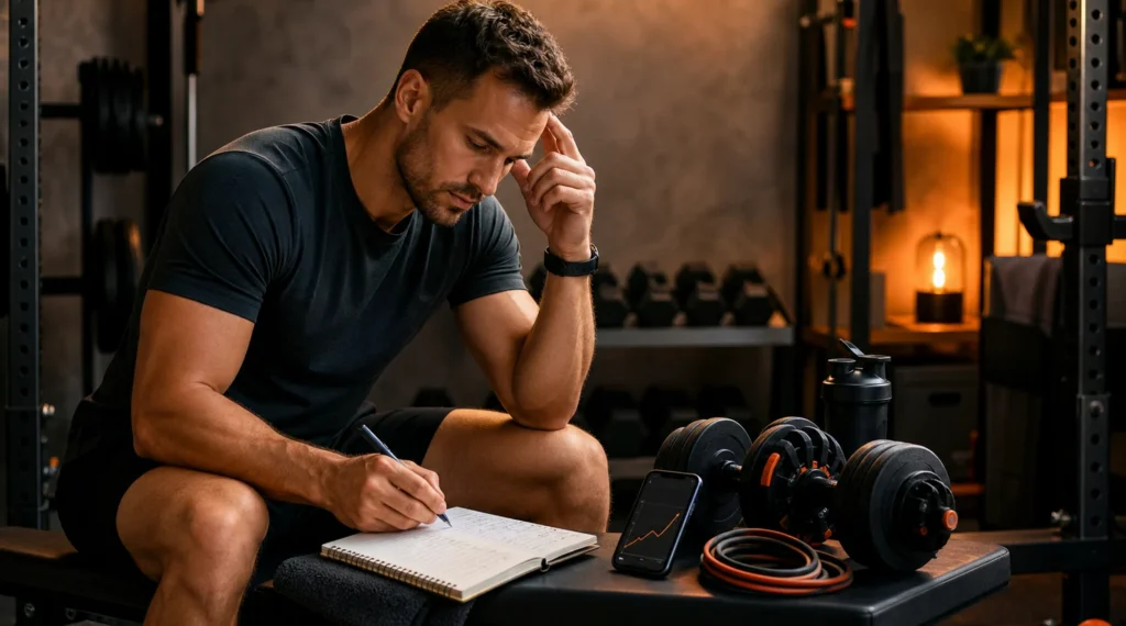 Man reviewing a workout log and progress chart in a modern gym while planning how to overcome a fitness plateau