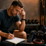Man reviewing a workout log and progress chart in a modern gym while planning how to overcome a fitness plateau