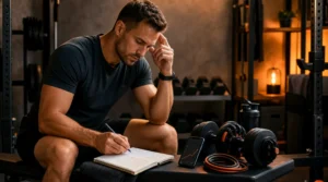 Man reviewing a workout log and progress chart in a modern gym while planning how to overcome a fitness plateau