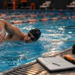 Male swimmer following a structured pool training plan with lap timer and training log
