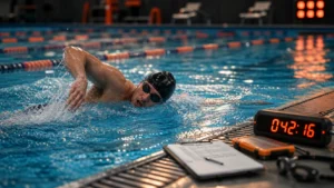 Male swimmer following a structured pool training plan with lap timer and training log