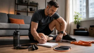 PrimeForMen fitness on a budget featured image showing a man planning a low-cost home workout with bands, jump rope, sliders, and a notebook