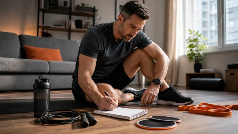 Fitness on a Budget | Build Results Without Overspending 5 PrimeForMen fitness on a budget featured image showing a man planning a low-cost home workout with bands, jump rope, sliders, and a notebook
