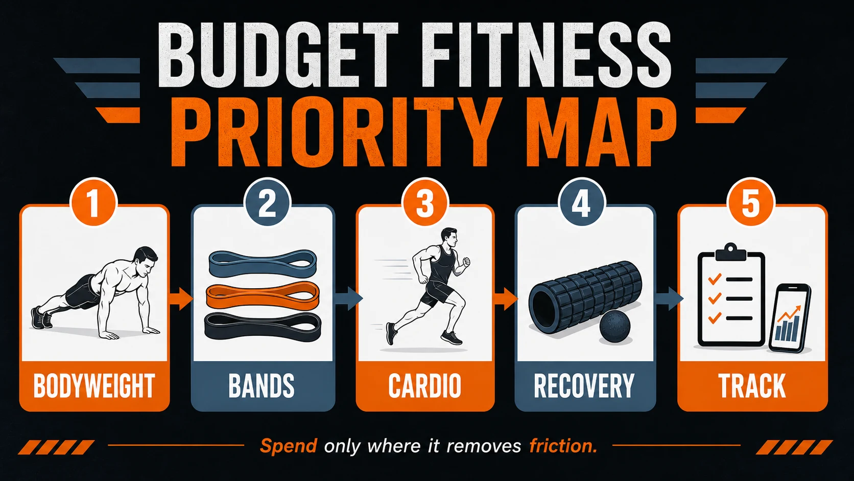 Budget fitness priority map infographic showing bodyweight, bands, cardio, recovery, and tracking
