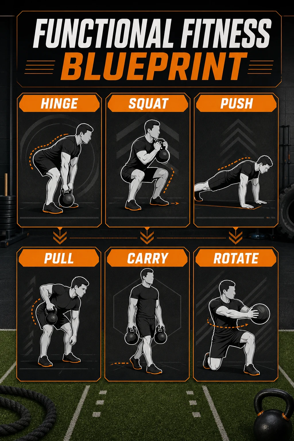 Functional Fitness Blueprint infographic showing hinge squat push pull carry and rotate patterns