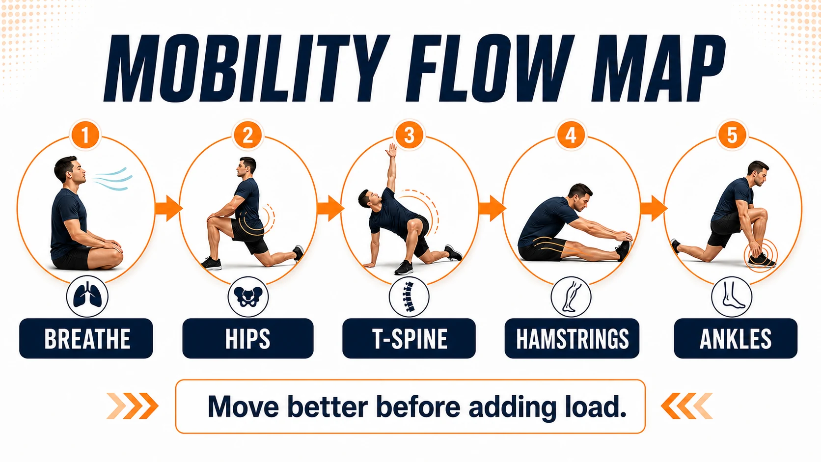 Mobility flow map infographic showing breathe, hips, thoracic spine, hamstrings, and ankles